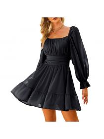 Outlet Plain color temperament middle waist chiffon black dress