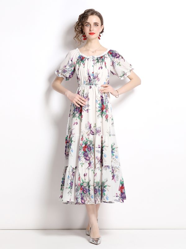 One-piece neckline short-sleeved slim-fit chiffon print dress