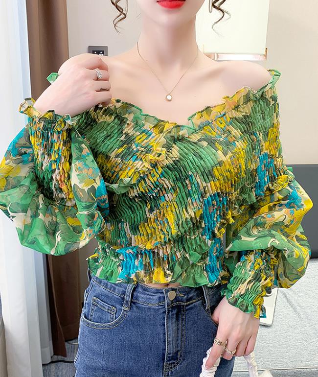 One-shoulder temperament collarbone  thin   irregular floral shirt
