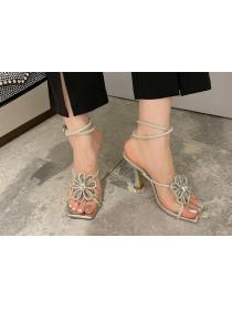 European fashion luxury rhinestone square-toe super thick heel sandals wedding shoes