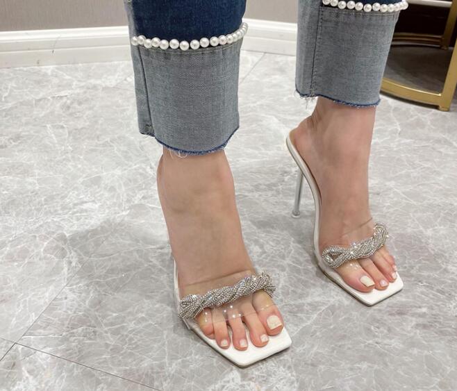 European fashion luxury rhinestone butterfly transparent heel chain slipper