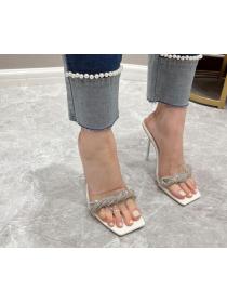 European fashion luxury rhinestone butterfly transparent heel chain slipper