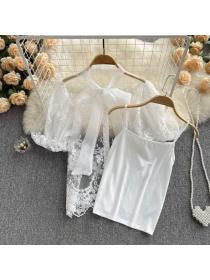 French style Embroidered Short Sleeve Cropped Top Sleeveless Camisole Two Piece set