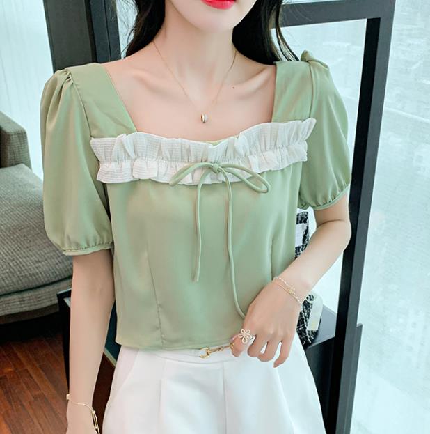 For Sale Pure Color Puff Sleeve Lace Up Blouse