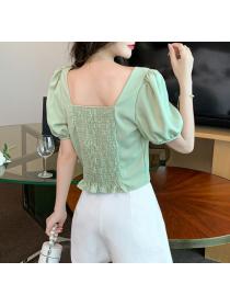 For Sale Pure Color Puff Sleeve Lace Up Blouse 