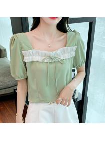 For Sale Pure Color Puff Sleeve Lace Up Blouse 
