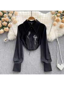 Spring new tassel embroidered shirt women's long-sleeved matching chic top