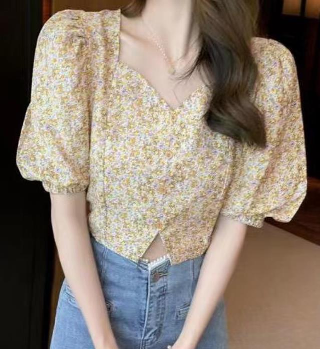 French floral chiffon shirt top women's temperament is thin all-match short-sleeved shirt
