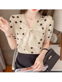New Style Bowknot Matching Wave Point Blouse 