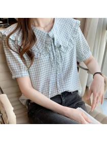 On Sale Bowknot Matching Grid Printing Blouse 