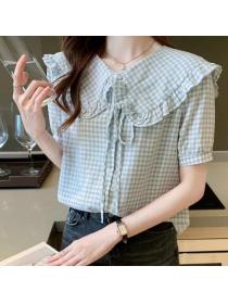 On Sale Bowknot Matching Grid Printing Blouse 