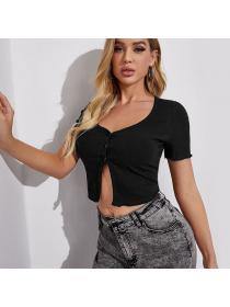 Fashion Slim fit crop top T-shirt short-sleeved button knitted bottoming shirt 