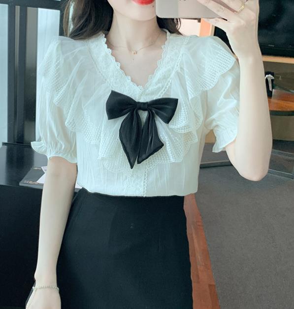 On Sale V  Collars Bowknot Matching Lace Top