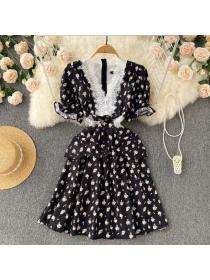 New style lace chiffon floral dress Vintage style black dress