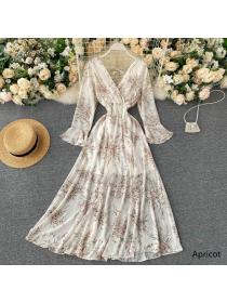 Vintage style flared sleeve Slim-waist floral dress