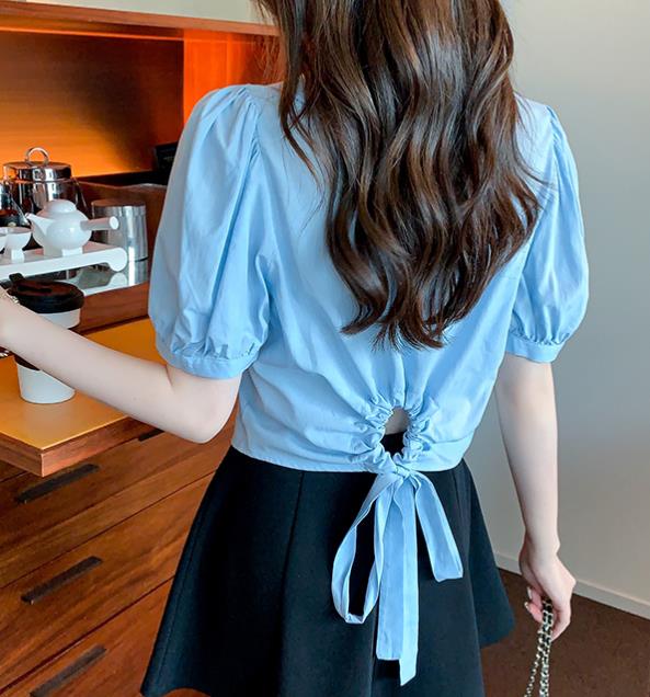On Sale Back Bowknot Matching Short Style Blouse