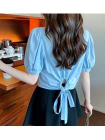  On Sale Back Bowknot Matching Short Style Blouse 
