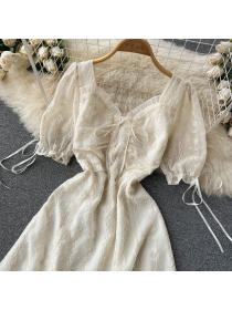Summer new chiffon lace Plain color Short-sleeved dress