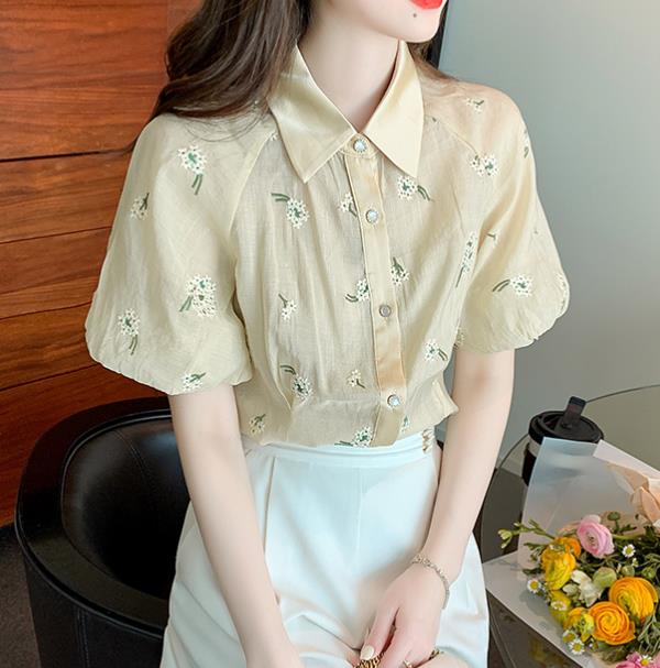 New Style Puff Sleeve Printed Short Blouse