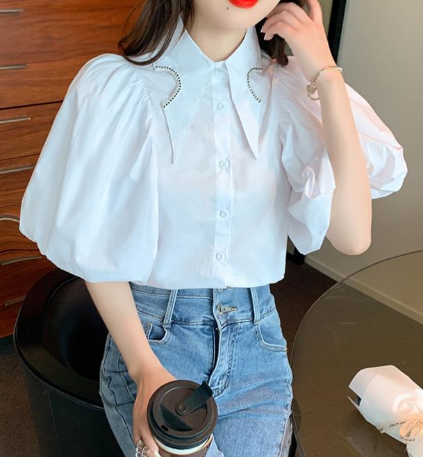 Outlet Puff Sleeve Bead Matching Solid Color Blouse