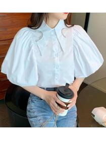 Outlet Puff Sleeve Bead Matching Solid Color Blouse 