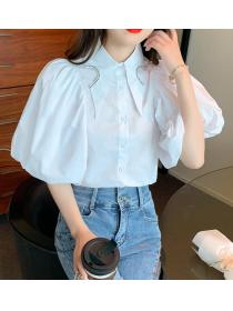 Outlet Puff Sleeve Bead Matching Solid Color Blouse 