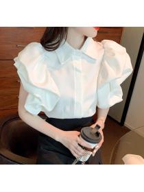 Outlet Puff Sleeve Solid Color Blouse 