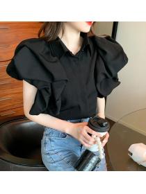 Outlet Puff Sleeve Solid Color Blouse 
