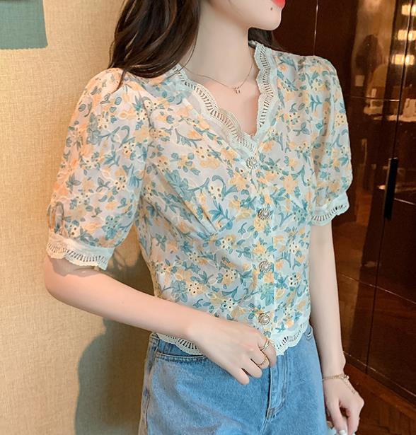 On Sale Floral Printing Hollow Out Blouse