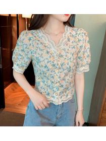 On Sale Floral Printing Hollow Out Blouse