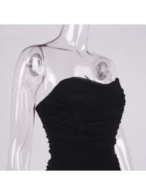 Outlet Hot style Sexy mesh fish bone off shoulder pleated tube top dress