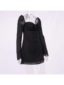 Outlet Hot style Summer women's new fashion sexy chiffon square neck pleated flared sleeve dress