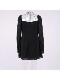 Outlet Hot style Summer women's new fashion sexy chiffon square neck pleated flared sleeve dress