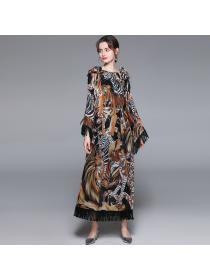 Hot sale Tassel Tiger print Soft Loose Waist Casual Long dress for women 