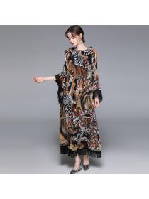Hot sale Tassel Tiger print Soft Loose Waist Casual Long dress for women 