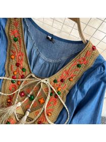 Vintage style Embroidery V-neck Long-sleeved Denim dress for women