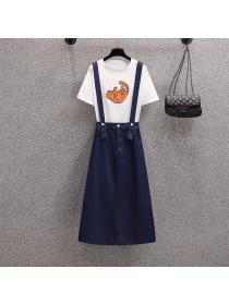 【M-4XL】Summer new loose casual Plus size Cartoon T-shirt Fashion Denim dress two-piece set