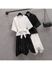 【M-4XL】Summer new plain color t-shirt Fashion skirt two-piece set
