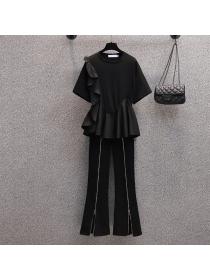 【M-4XL】Summer new lotus leaf top Fashion slit trousers Two pieces set