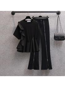 【M-4XL】Summer new lotus leaf top Fashion slit trousers Two pieces set