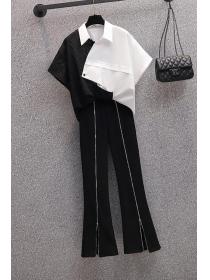 【M-4XL】Summer new Polo neck Blouse Fashion Zipper slit trousers Two pieces set