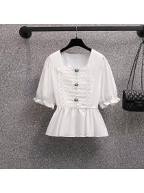 【M-4XL】Summer new Square neck Blouse Fashion Zipper slit trousers Two pieces set