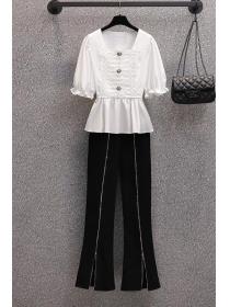 【M-4XL】Summer new Square neck Blouse Fashion Zipper slit trousers Two pieces set