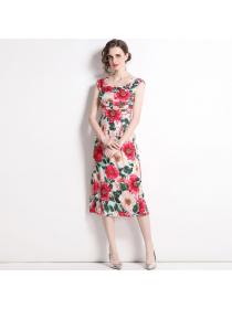 Summer new catwalk style Floral print pleated waist dress
