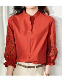 On Sale Stand Collars embroidery Hollow Out Blouse 
