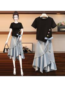 【M-4XL】Summer new T-shirt slim denim fishtail skirt two-piece set for women