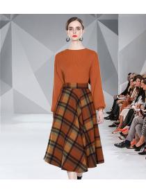 Fashion Long-sleeved woolen sweater+Plaid temperament skirt 2 pieces set