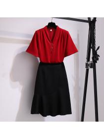 Elegant Temperament V-neck Shirt Fishtail Split Skirt Two pieces set