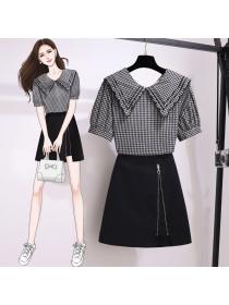 Fashion style plaid shirt matching A-line skirt two pieces set