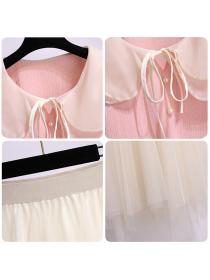 Fashion style lapel top lace-up shirt A-line skirt Two pieces set